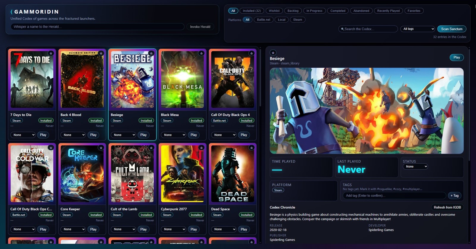 Screenshot of the Gammoridin game library UI